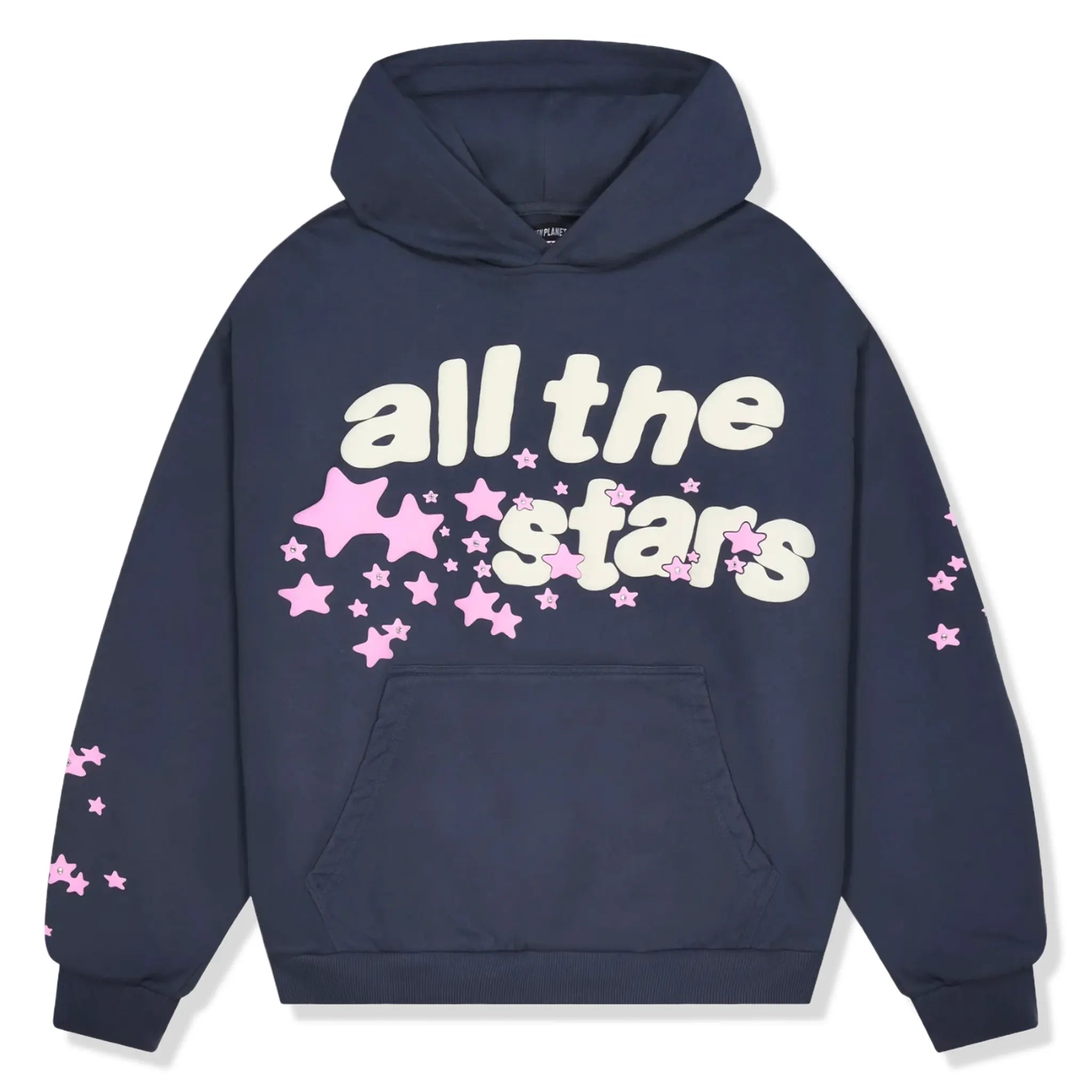 Front View of Broken Planet All The Stars Deep Navy Pink Hoodie